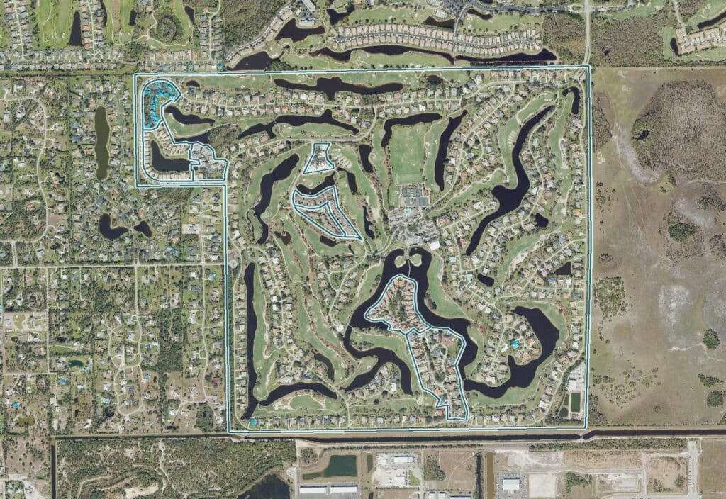 Aerial view of Fiddlesticks Country Club, a gated member-owned equity golf community in Fort Myers, Florida, with its two Ron Garl courses and community boundary outlined