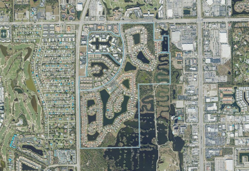 Aerial map of Reflection Lakes with the community boundary