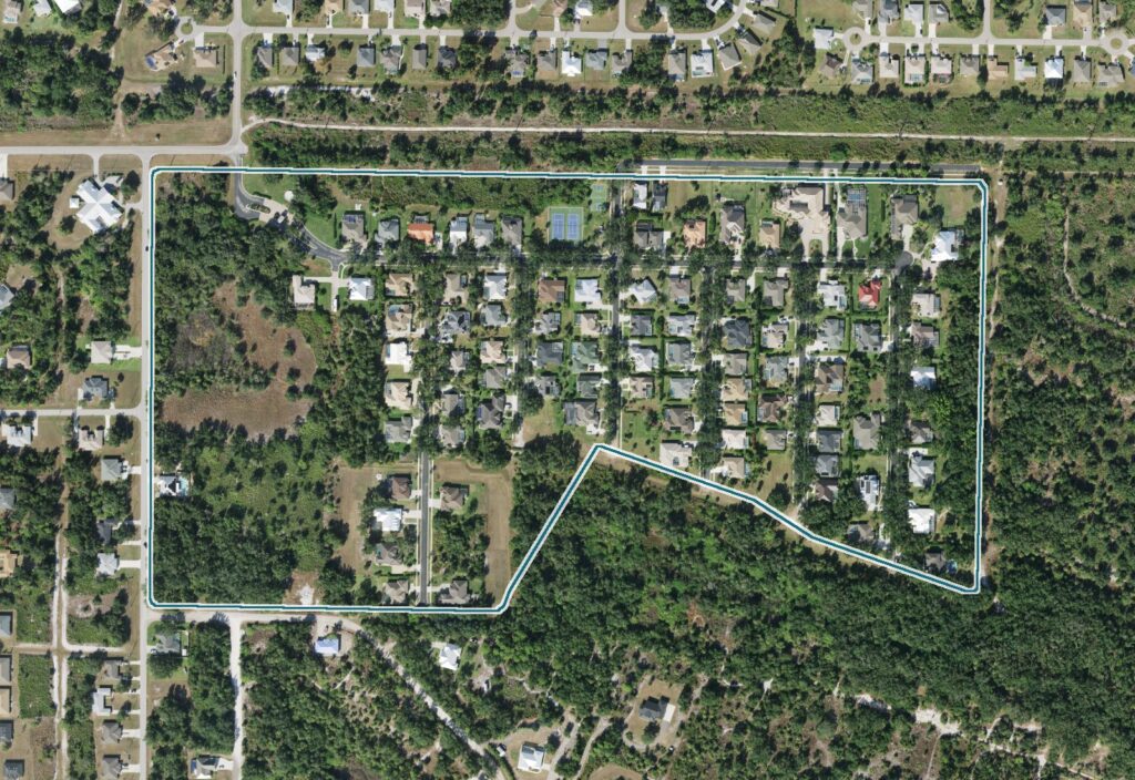Aerial view of Harbour Oaks, Punta Gorda, FL, with the community boundary outlined