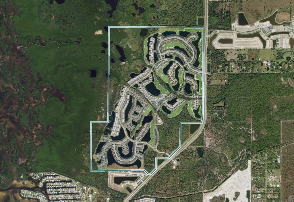 Aerial map of Heritage Landing with the community boundary