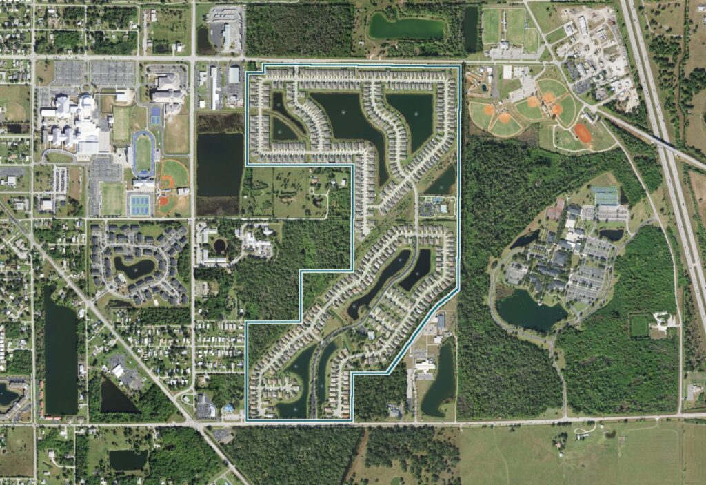 Aerial view of Waterford Estates, Punta Gorda, FL, with the community boundary outlined
